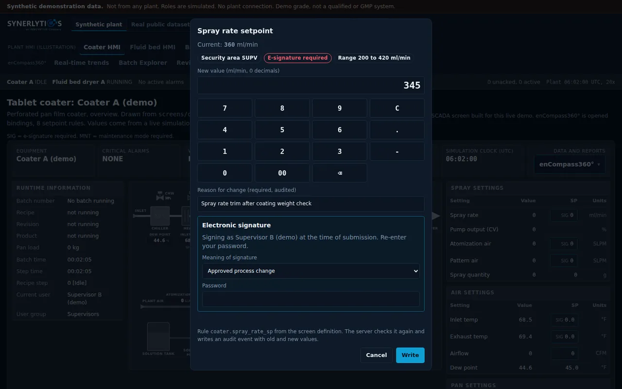 Spray rate setpoint dialog on the coater screen: the new value, a reason for the change, and an electronic signature box with the meaning of signature and an empty password field