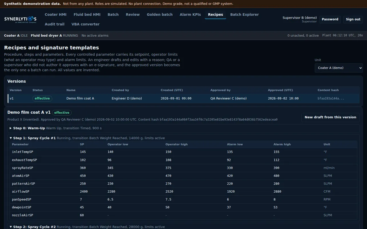 Recipes screen: a version list with an effective version, then recipe steps with setpoint, operator limits and alarm limits for each parameter