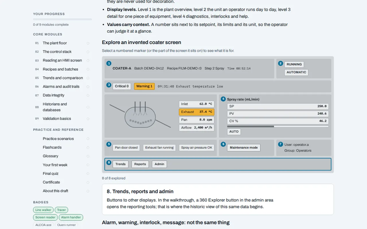 Field Guide module Reading an HMI screen in English: a course sidebar listing nine modules and an invented coater screen with eight numbered markers